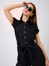 Women's Shirt Collar Extended Sleeves Front Pockets Utility Belted Jumpsuit