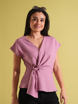 Women's Pink Wrap V-Neck Extended Sleeves Twisted Detail Workwear Top