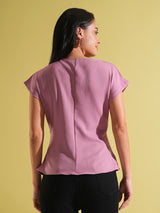 Women's Pink Wrap V-Neck Extended Sleeves Twisted Detail Workwear Top