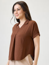 Women's Brown Collar Neck Extended Sleeves Self Design Shirt Style Workwear Top
