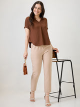 Women's Brown Collar Neck Extended Sleeves Self Design Shirt Style Workwear Top