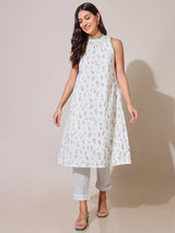 Women's White Casual Regular Fit Printed Kurta Set