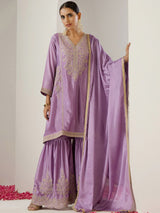 Women's Purple Polyester Chinon 3 Pieces Kurta Set