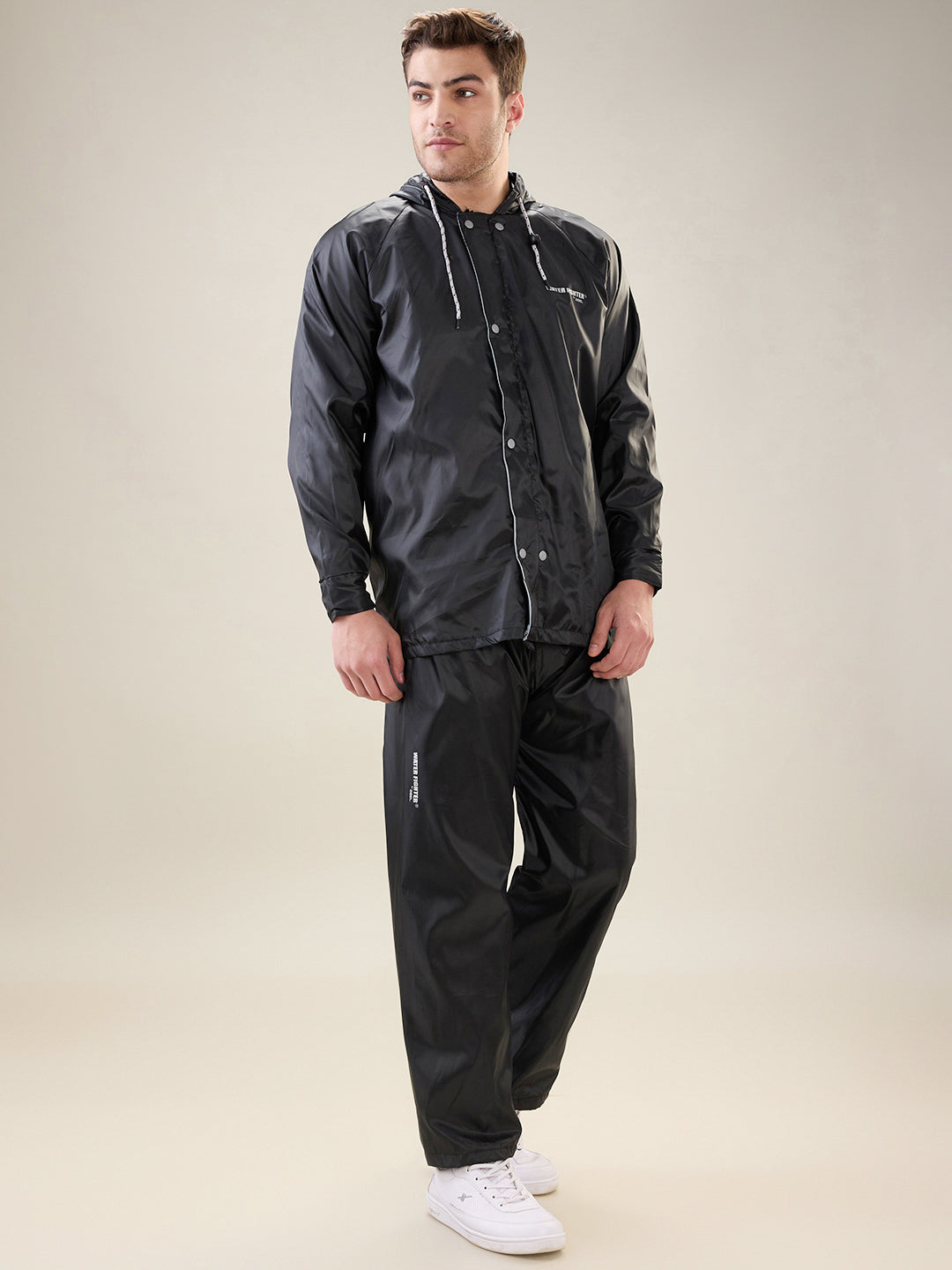 Men's Black Grey Button Rainsuit