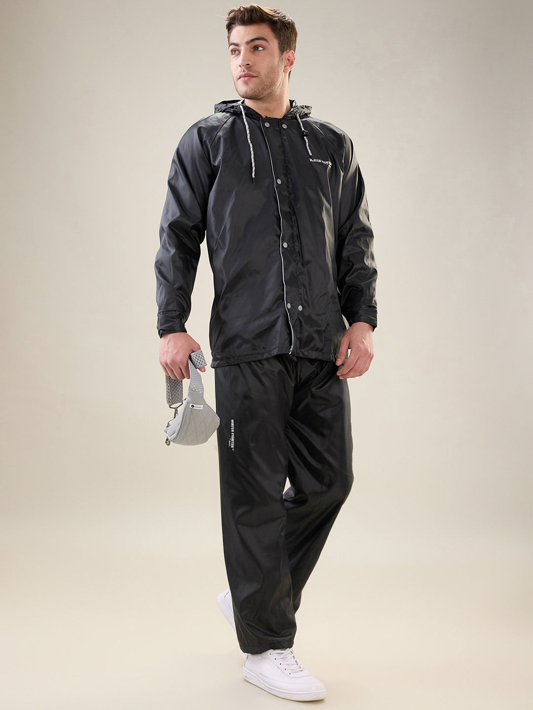 Men's Black Grey Button Rainsuit