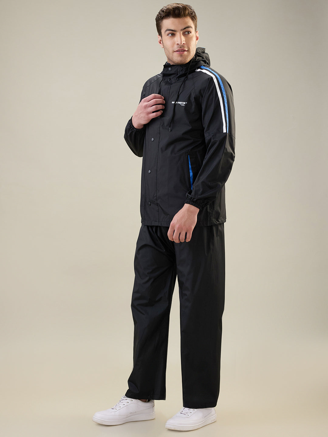 Men's Black Blue Button Rainsuit
