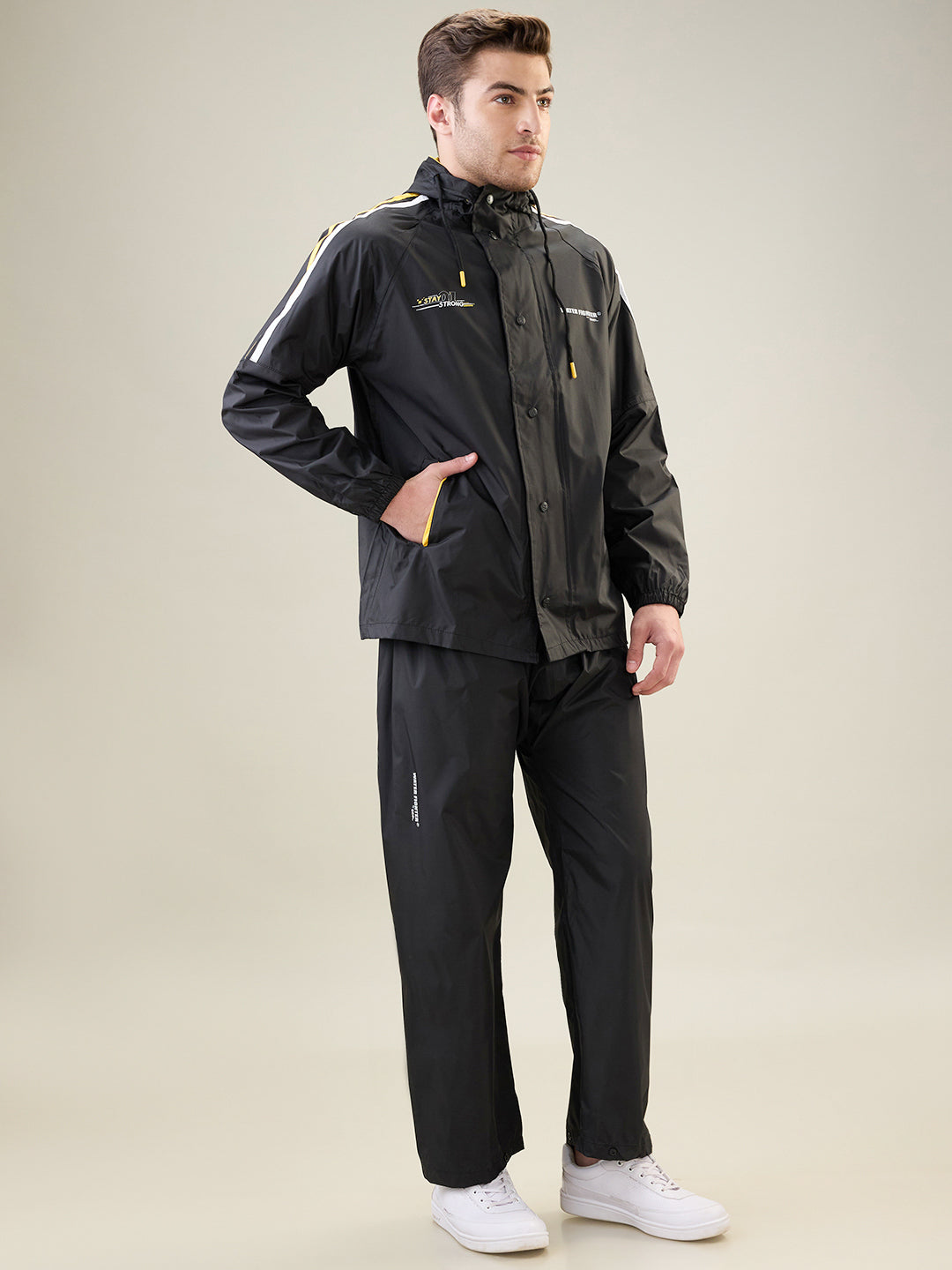 Men's Black Yellow Button Rainsuit