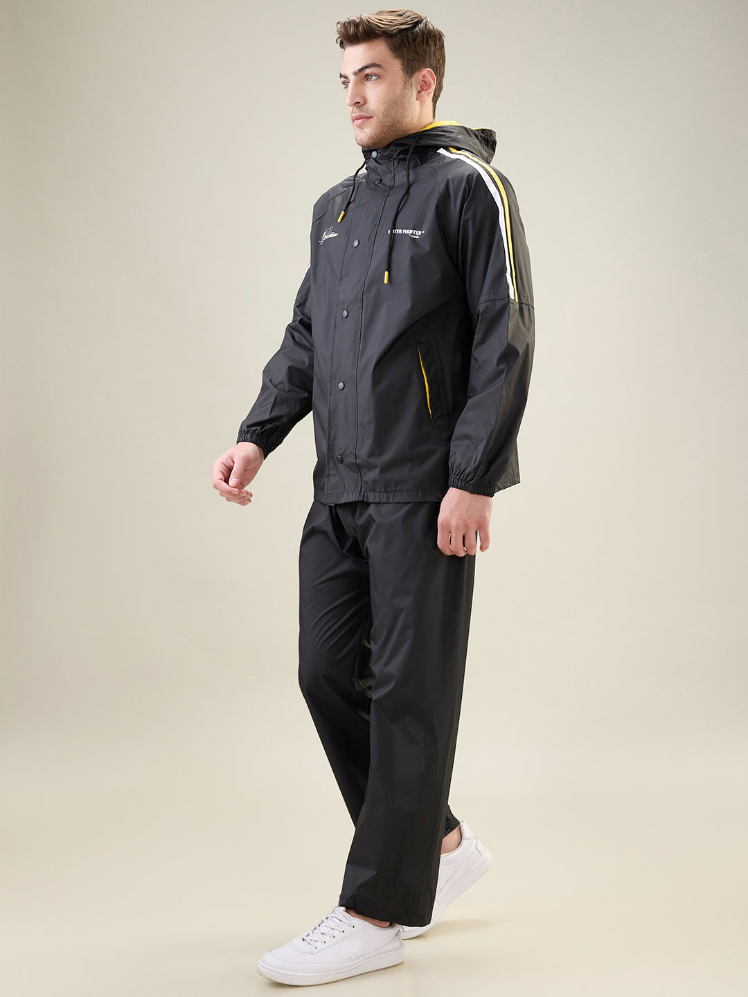Men's Black Yellow Button Rainsuit