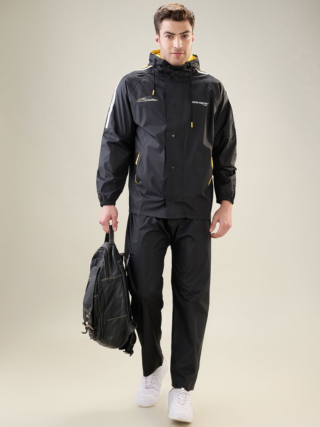 Men's Black Yellow Button Rainsuit