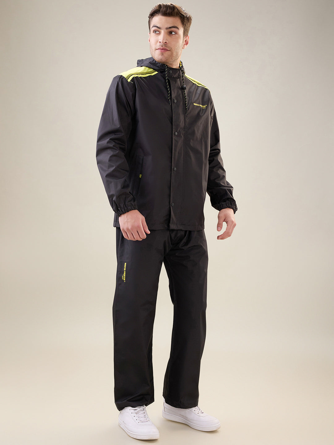 Men's Black Yellow Button Rainsuit