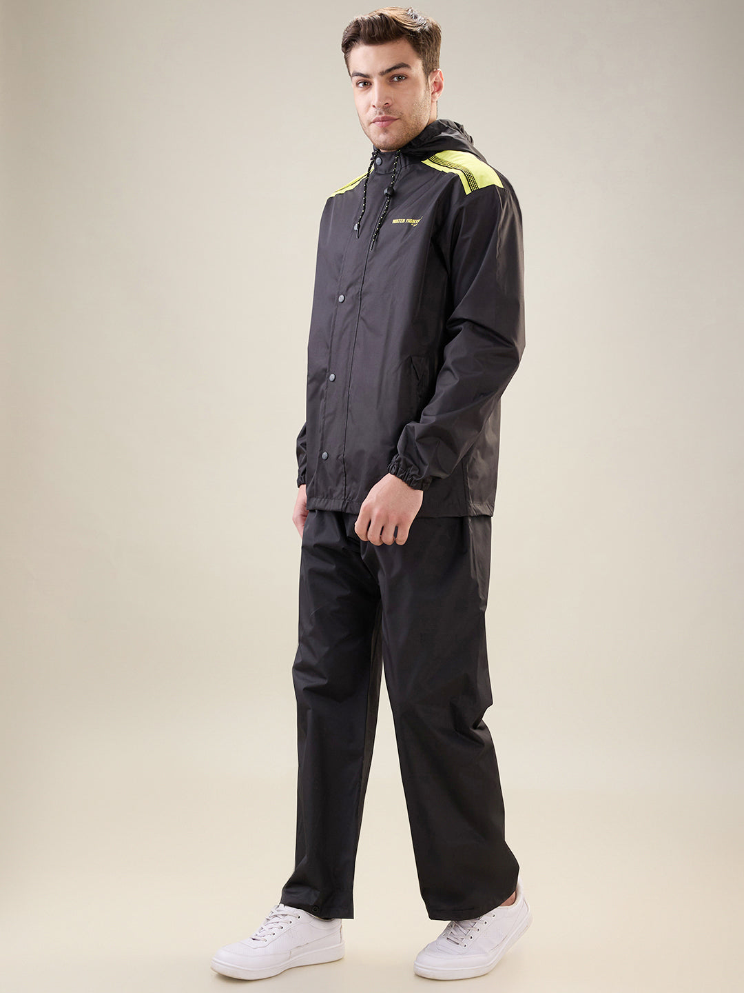 Men's Black Yellow Button Rainsuit
