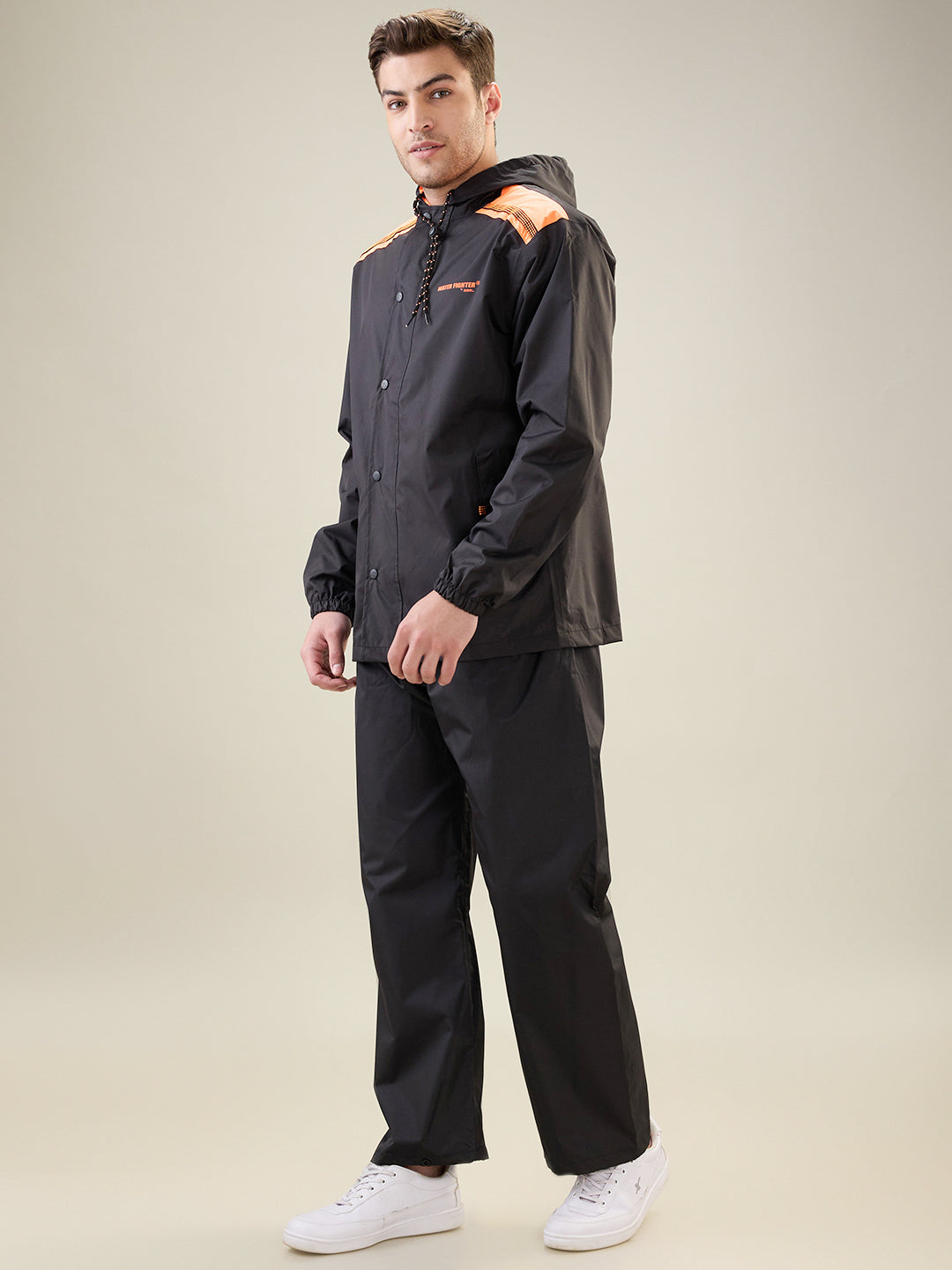 Men's Black Orange Button Rainsuit