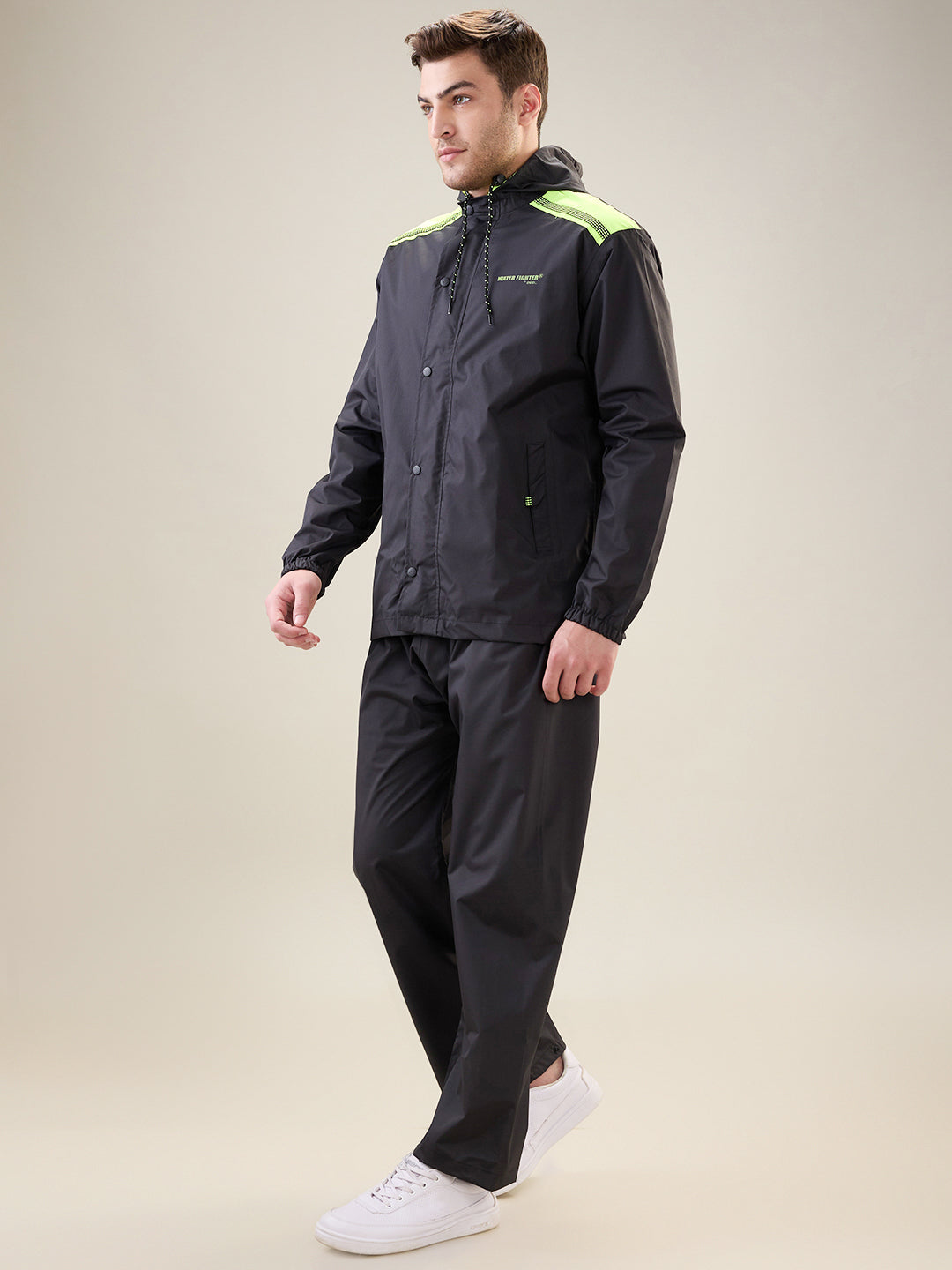 Men's Black Neon Button Rainsuit