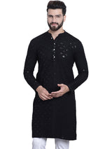Men's Black Full Sleeves Embroidered Straight Kurta