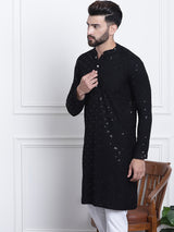 Men's Black Full Sleeves Embroidered Straight Kurta