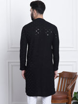 Men's Black Full Sleeves Embroidered Straight Kurta