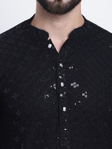 Men's Black Full Sleeves Embroidered Straight Kurta