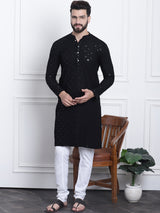 Men's Black Full Sleeves Embroidered Straight Kurta