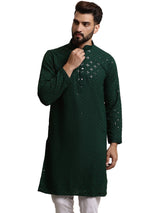 Men's Green Full Sleeves Embroidered Straight Kurta