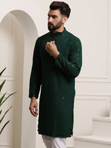 Men's Green Full Sleeves Embroidered Straight Kurta