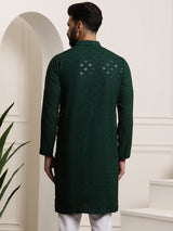 Men's Green Full Sleeves Embroidered Straight Kurta