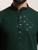 Men's Green Full Sleeves Embroidered Straight Kurta