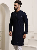 Men's Blue Full Sleeves Embroidered Straight Kurta