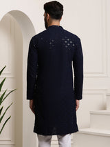 Men's Blue Full Sleeves Embroidered Straight Kurta