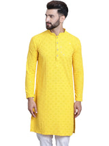 Men's Yellow Full Sleeves Embroidered Straight Kurta