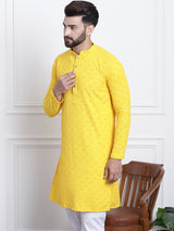 Men's Yellow Full Sleeves Embroidered Straight Kurta