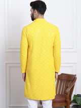 Men's Yellow Full Sleeves Embroidered Straight Kurta