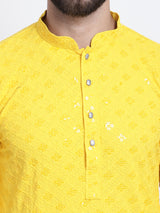 Men's Yellow Full Sleeves Embroidered Straight Kurta