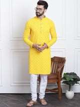 Men's Yellow Full Sleeves Embroidered Straight Kurta