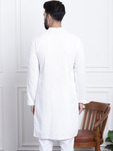 Men's White Full Sleeves Embroidered Straight Kurta
