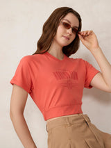 Women's Orange Casual Printed Half Sleeves Tshirt