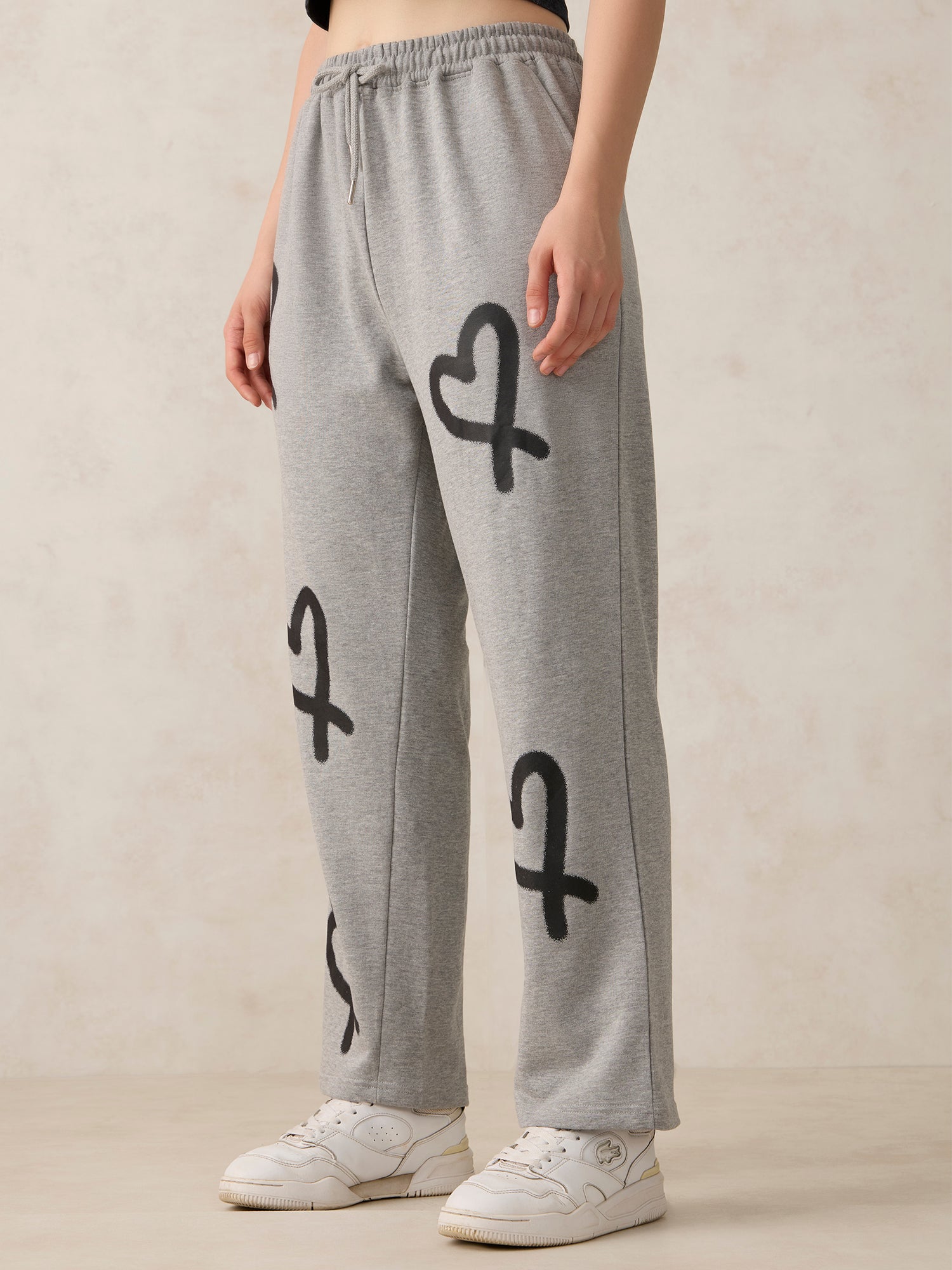 Women's Grey Casual Wide Leg Printed Trackpant