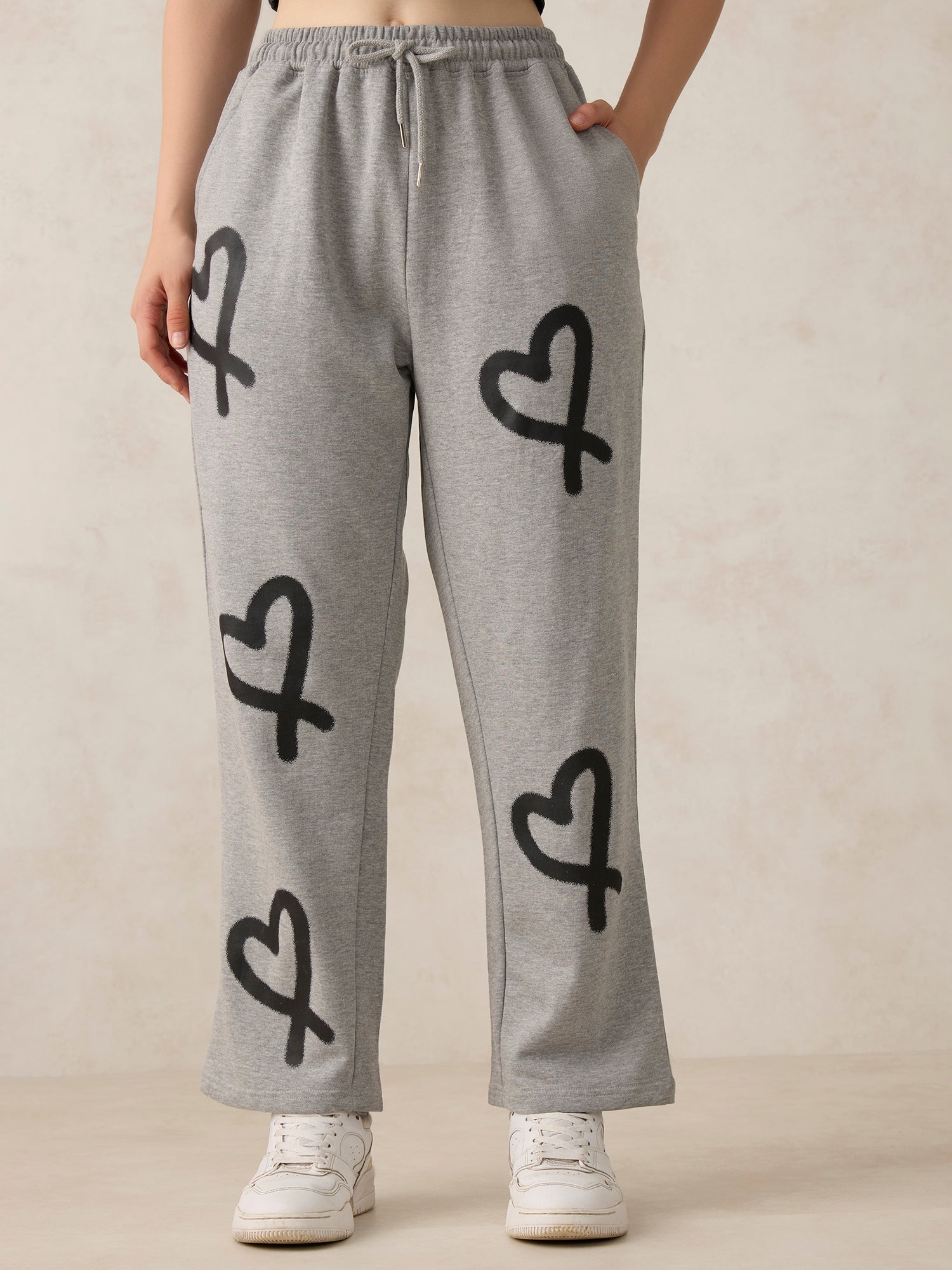 Women's Grey Casual Wide Leg Printed Trackpant