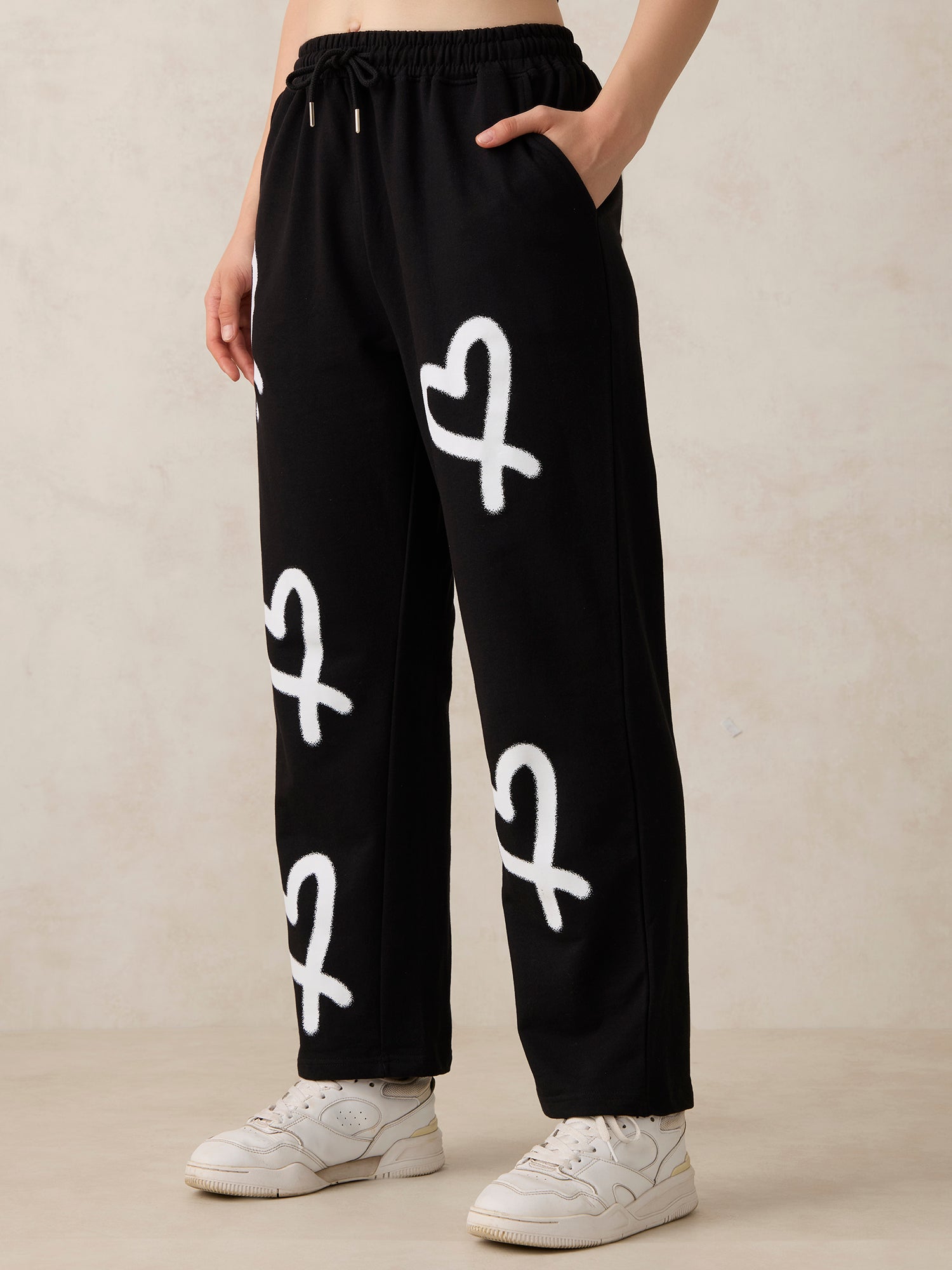 Women's Black Casual Wide Leg Printed Trackpant