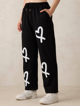 Women's Black Casual Wide Leg Printed Trackpant