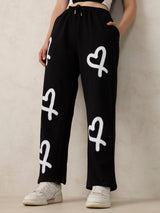 Women's Black Casual Wide Leg Printed Trackpant