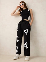 Women's Black Casual Wide Leg Printed Trackpant