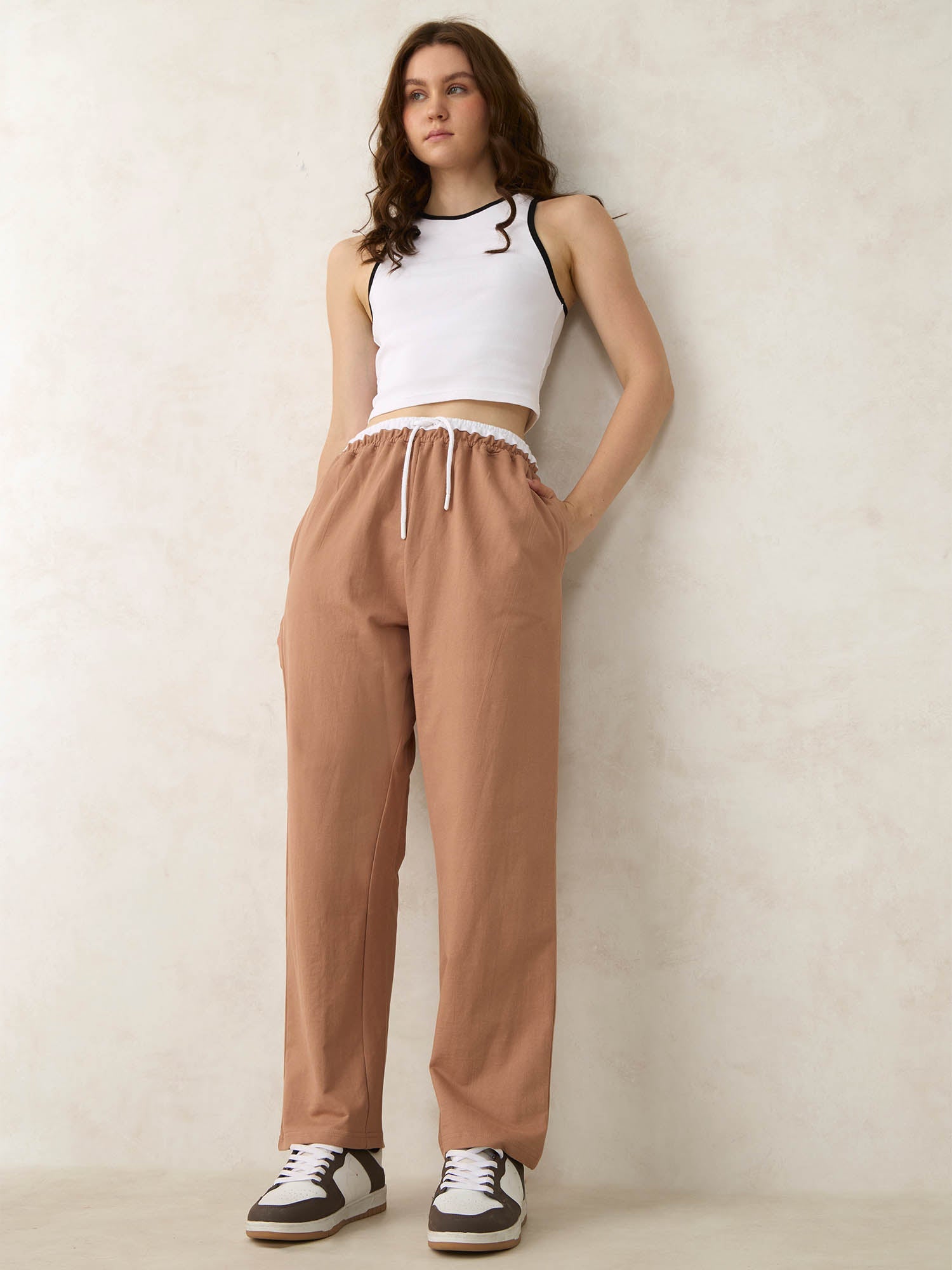 Women's Brown Casual Wide Leg Solid Trackpant