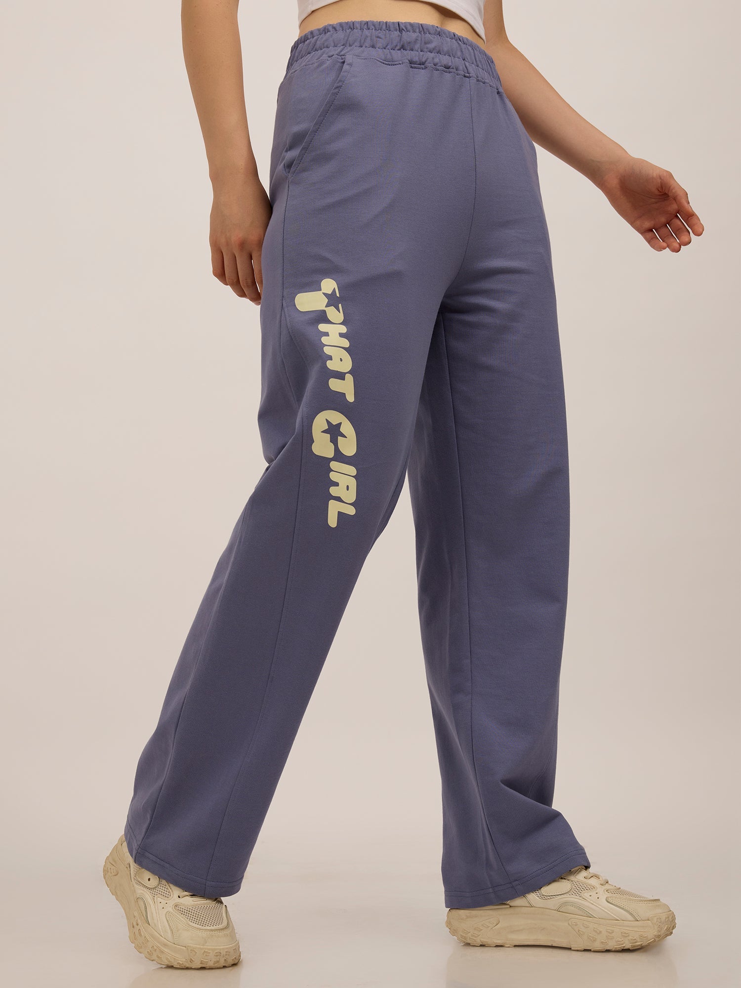 Women's Blue Casual Wide Leg Solid Trackpant
