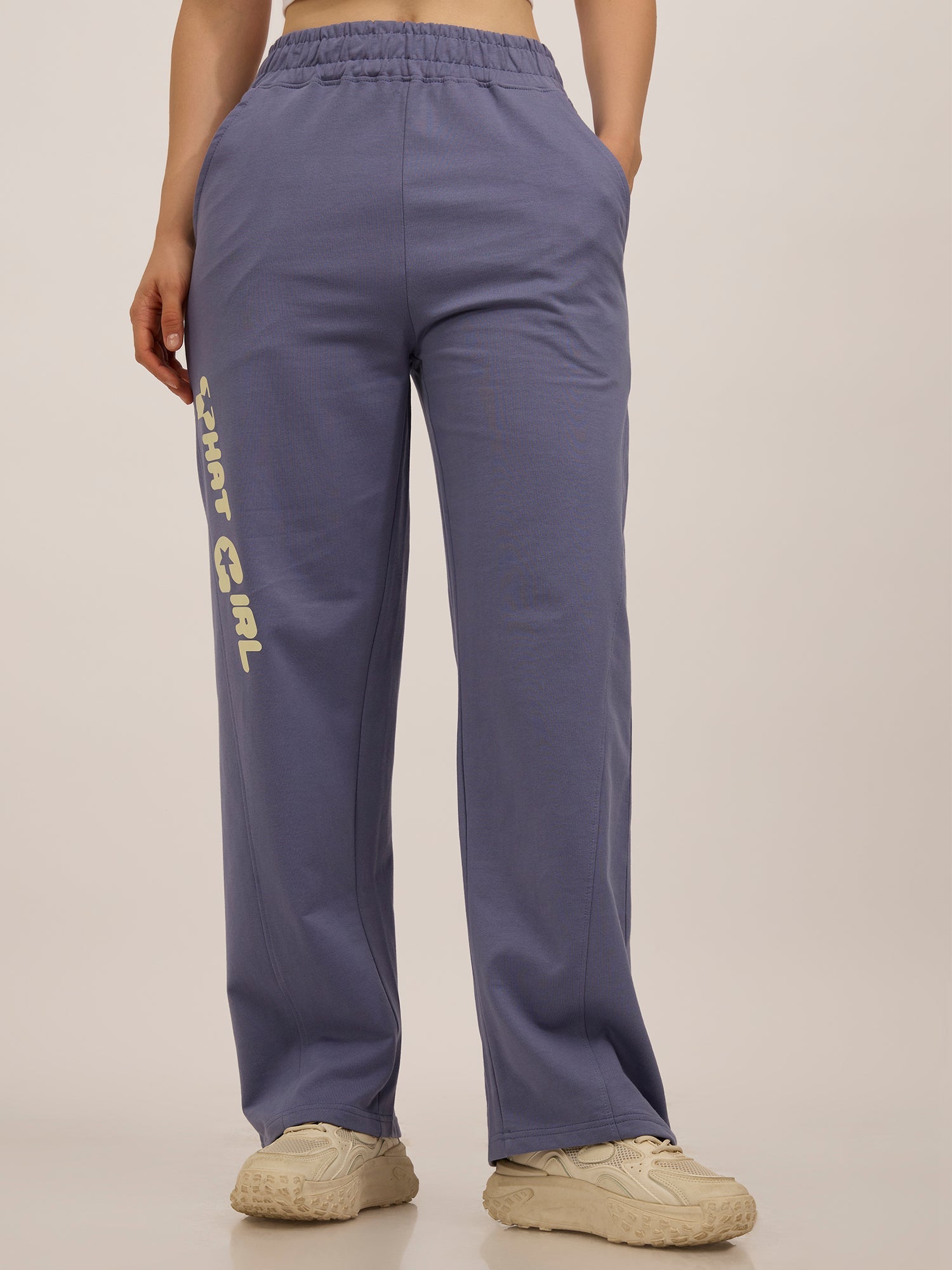 Women's Blue Casual Wide Leg Solid Trackpant