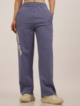 Women's Blue Casual Wide Leg Solid Trackpant