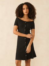 Women's Black Off-Shoulder Button Down Ribbed Dress