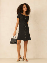 Women's Black Off-Shoulder Button Down Ribbed Dress