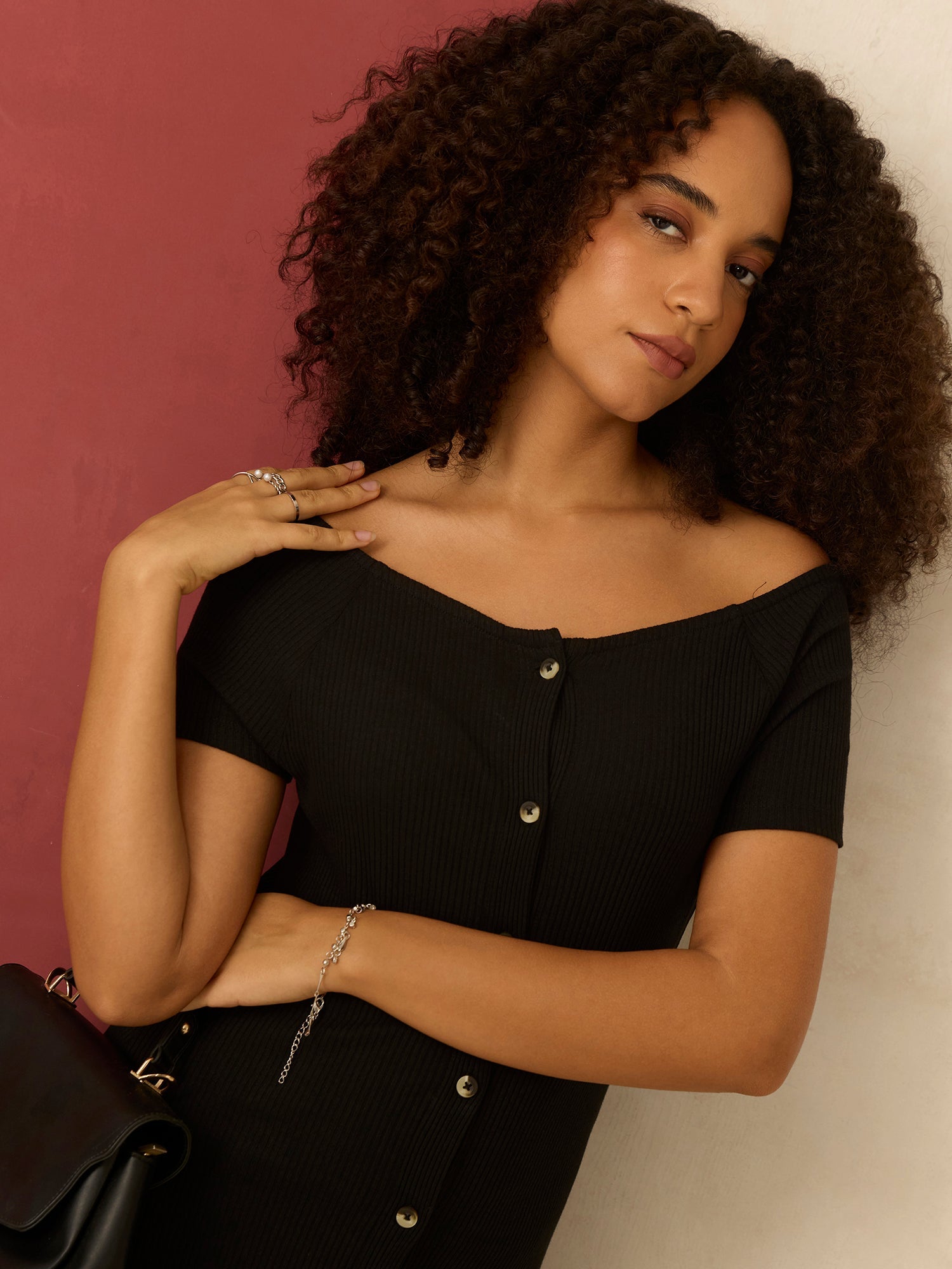Women's Black Off-Shoulder Button Down Ribbed Dress
