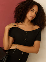 Women's Black Off-Shoulder Button Down Ribbed Dress