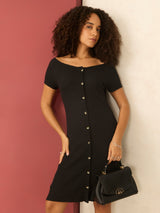 Women's Black Off-Shoulder Button Down Ribbed Dress